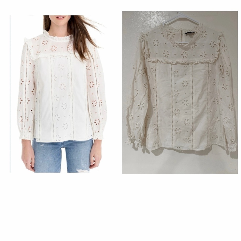 J. Crew Ruffle Neck Long Sleeve Eyelet Top In Ivory Size M